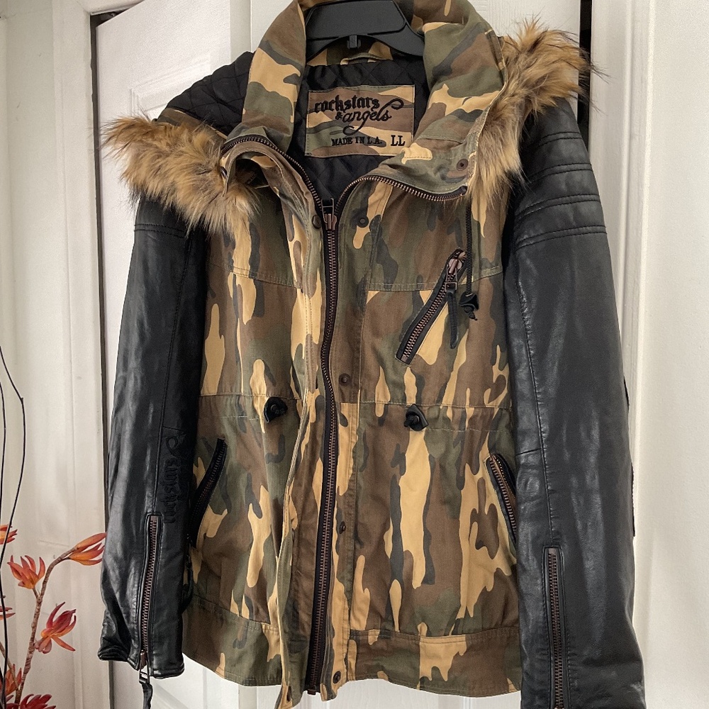 Jacket cotton with Leather Sleeves Detachable Hood M